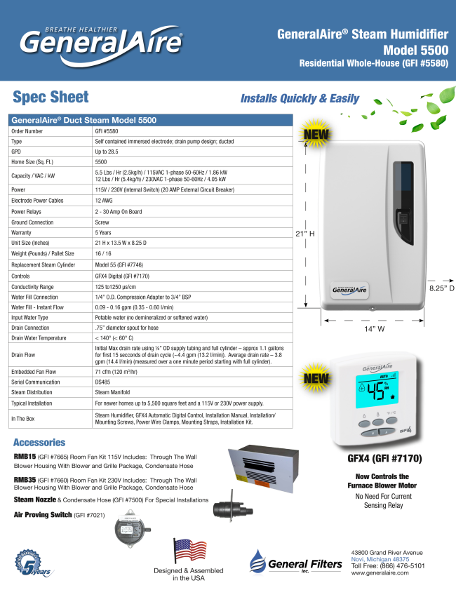 General AIre steam humidifier model 550 spec sheet